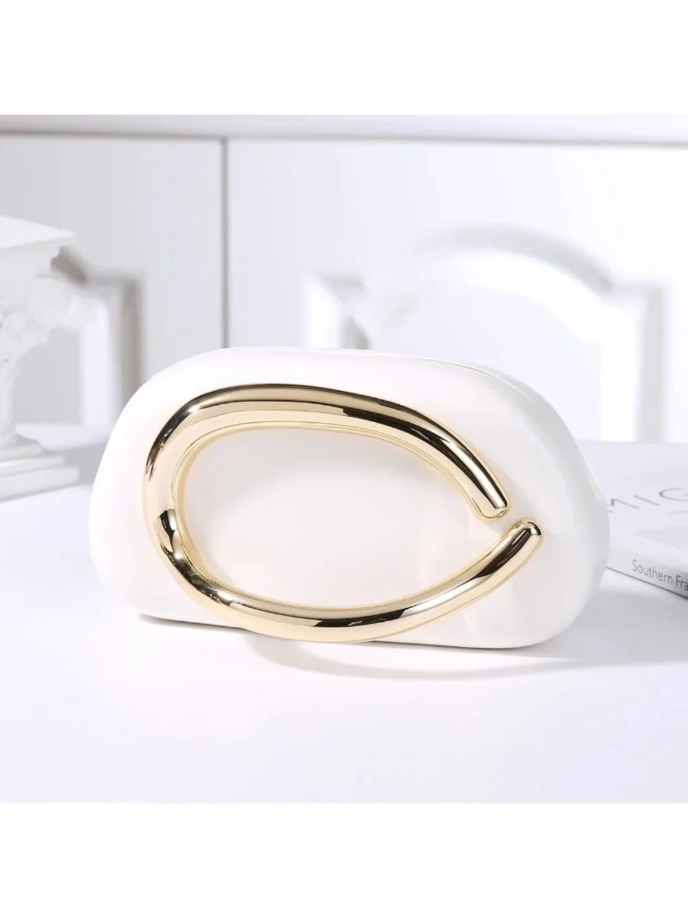 👜Women's White Art Deco Clutch Gold-Tone Handle Evening Party Purse Bag